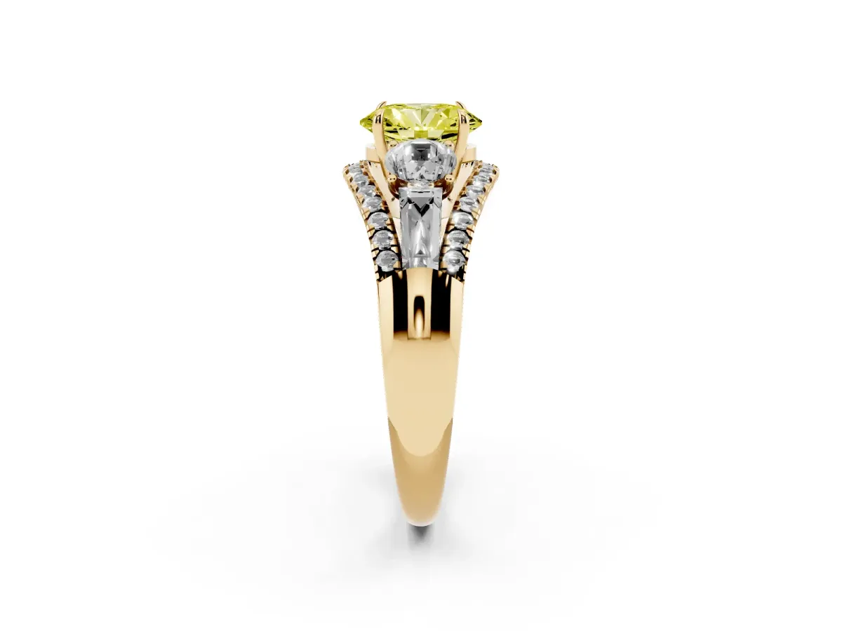 Fancy Yellow Three-Stone Oval Cut Diamond Engagement Ring with Pave Band and Prong Setting Yellow gold