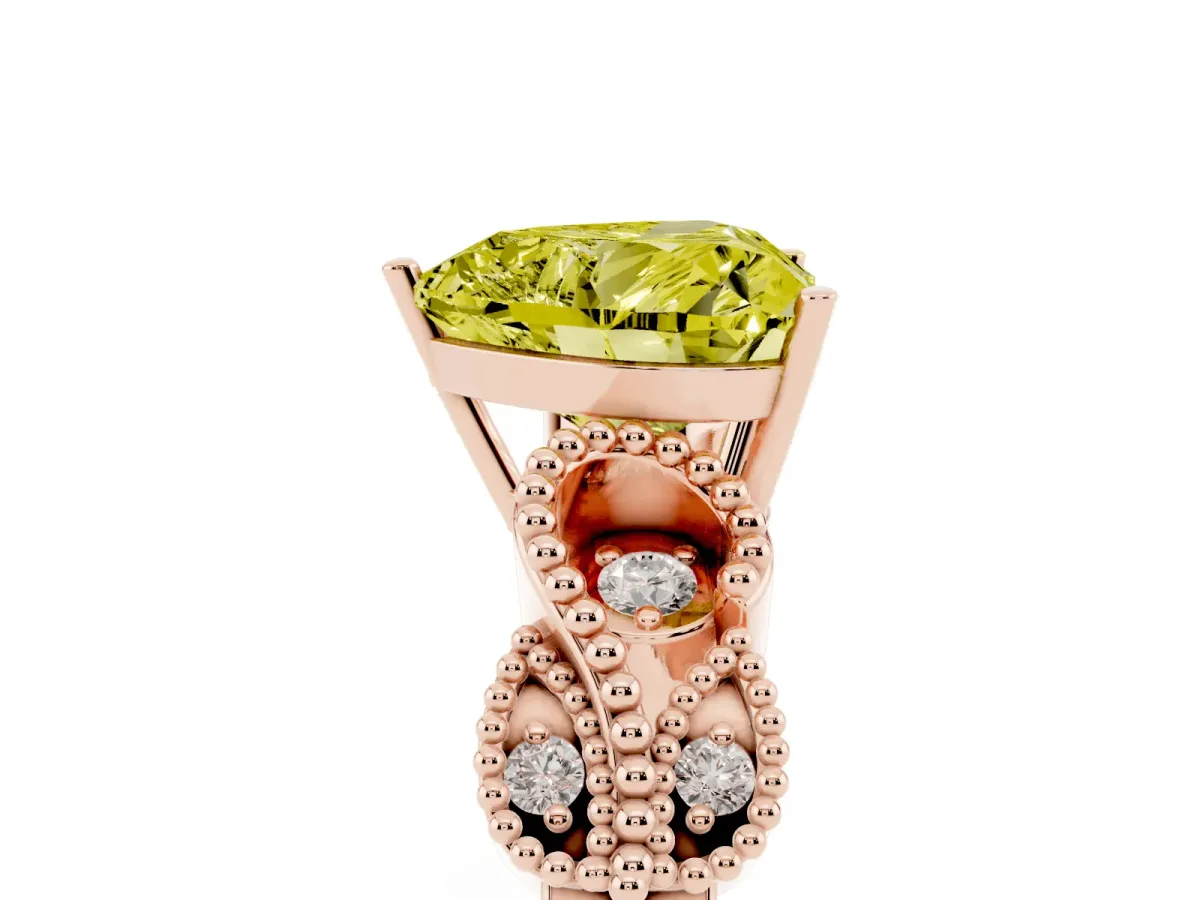 Fancy Yellow Heart Cut Solitaire Milgrain Leaf Band with Prong Setting Rose gold