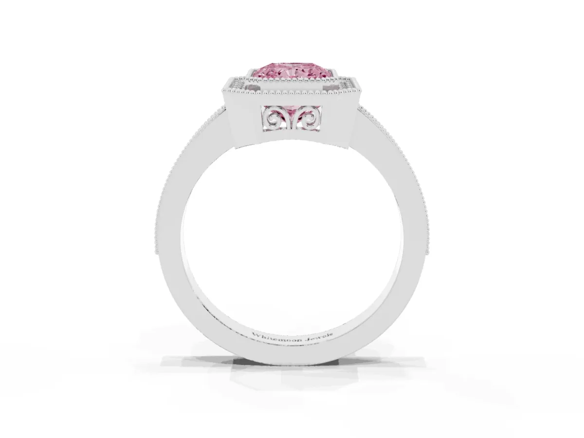 Fancy Pink Radiant Cut Cut Halo Diamond Ring with Pavé Band and Milgrain Prong Setting Platinum