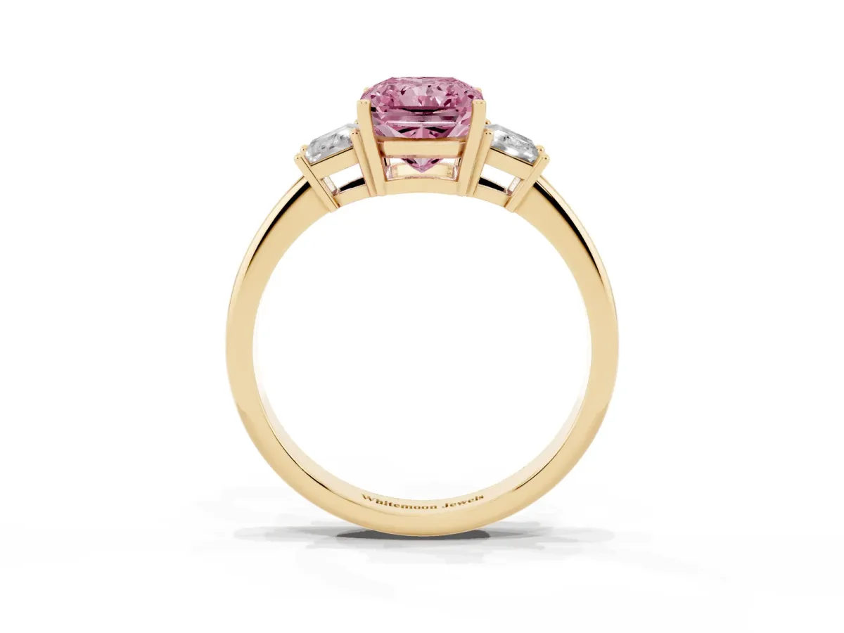 Fancy Pink Radiant Cut Diamond Three-Stone Ring with Trapezoid Side Stones and Prong Setting Yellow gold