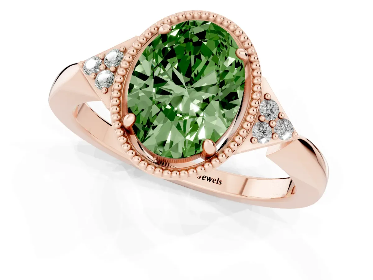 Fancy Green Hexagonal Halo Oval Cut Diamond Solitaire with Pavé Band and Four-Prong Setting Rose gold