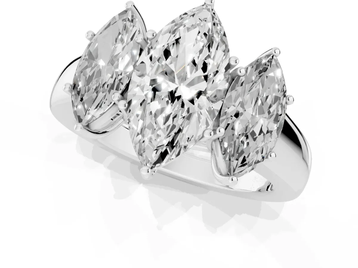 Three-Stone Marquise Cut Cut Diamond Ring with Prong Setting and Classic Band Platinum