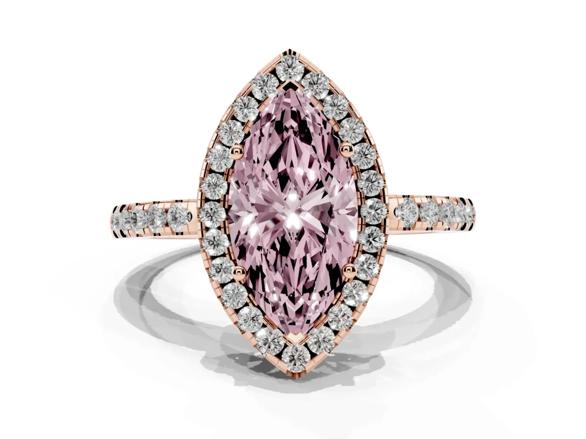 Fancy Pink Marquise Cut Halo Diamond Engagement Ring with Pavé Band and Four-Prong Setting Rose gold