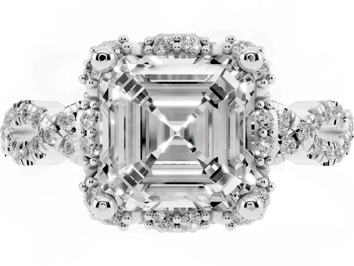 Asscher Cut Halo Twist Band Solitaire Ring with Six-Prong Setting Silver