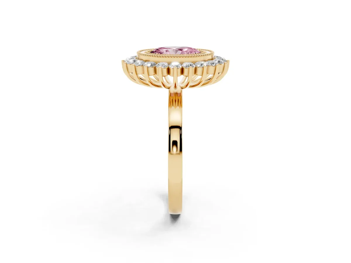 Fancy Pink Oval Cut Halo Diamond Ring with Milgrain Edge and Round Prong Setting Yellow gold