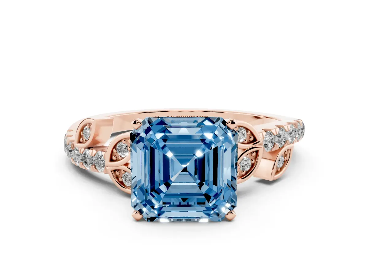 Fancy Blue Asscher Cut Solitaire Leaf-Inspired Diamond Ring with Pavé Band and Four-Prong Setting Rose gold