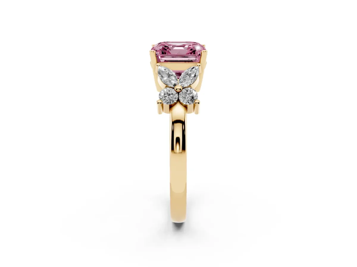 Fancy Pink Princess Cut Diamond Floral Cluster Ring with Solitaire Band and Prong Setting Yellow gold