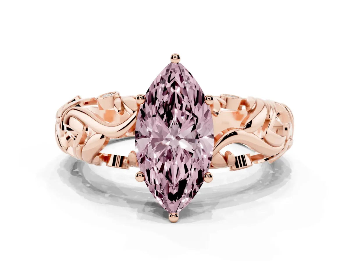 Fancy Pink Marquise Cut Solitaire Diamond Leaf-Inspired Vine Band Ring with Prong Setting Rose gold