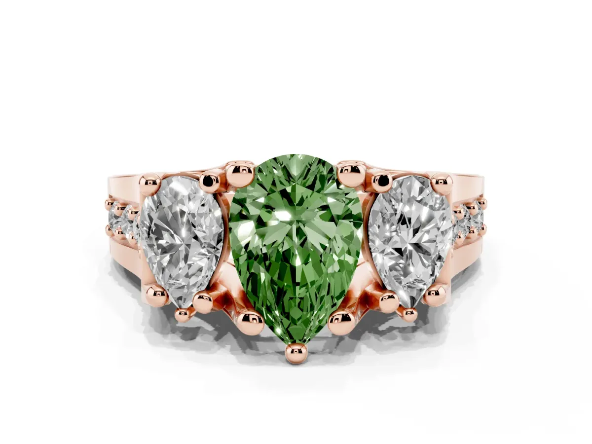 Fancy Green Pear Cut Diamond Three-Stone Ring with Channel Set Band and Four-Prong Setting Rose gold
