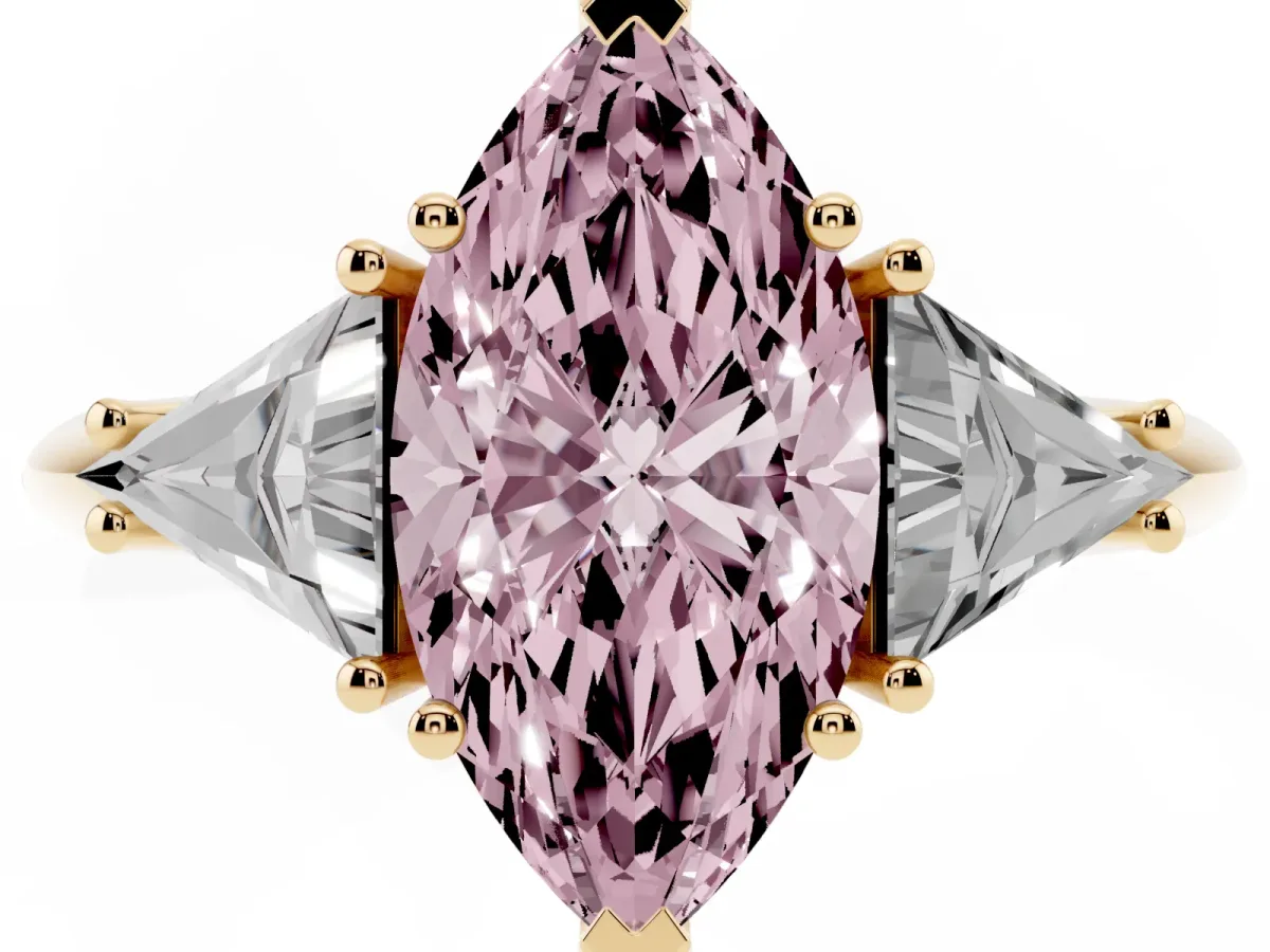 Fancy Pink Three-Stone Marquise Cut Diamond Engagement Ring with Trillion Side Stones and Prong Setting Yellow gold