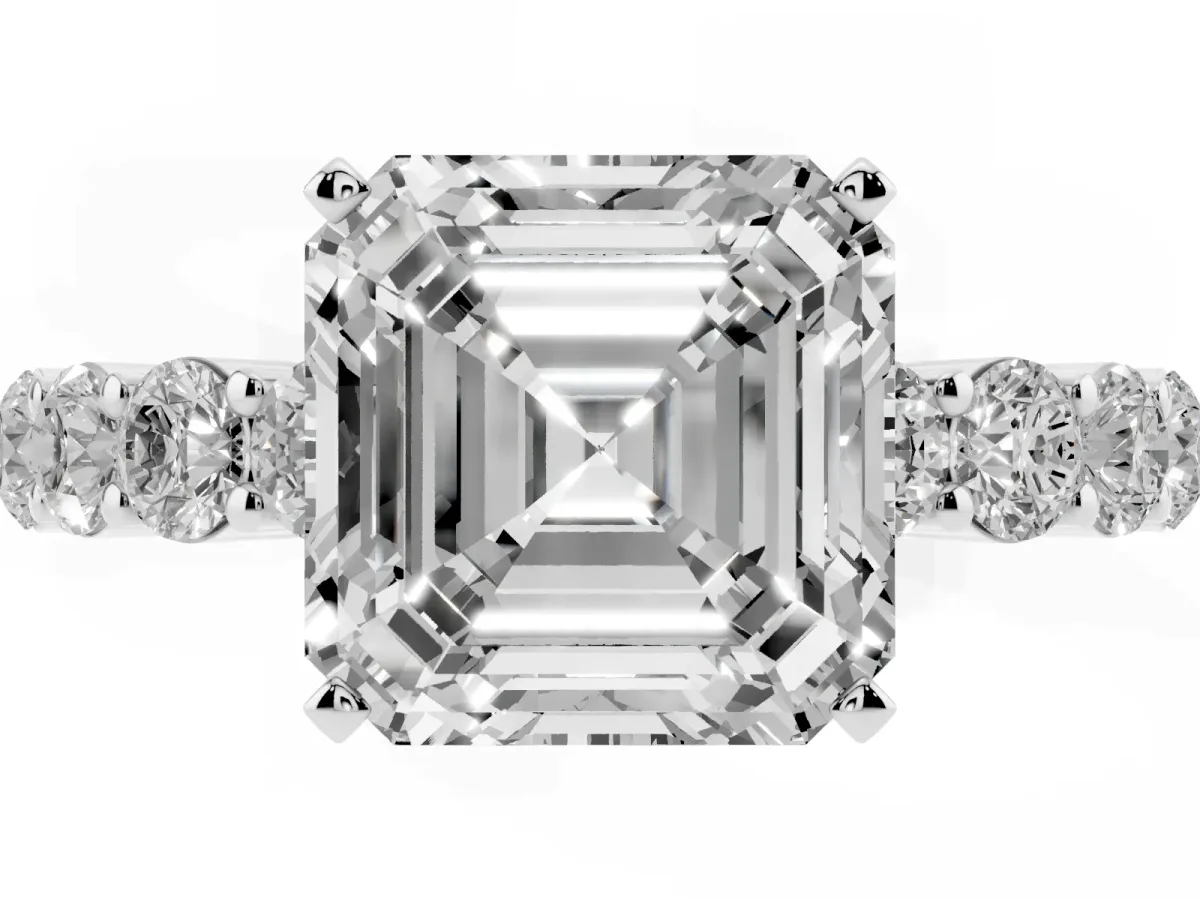 Asscher Cut Diamond Solitaire Ring with Shared Prong Round Side Stones Silver