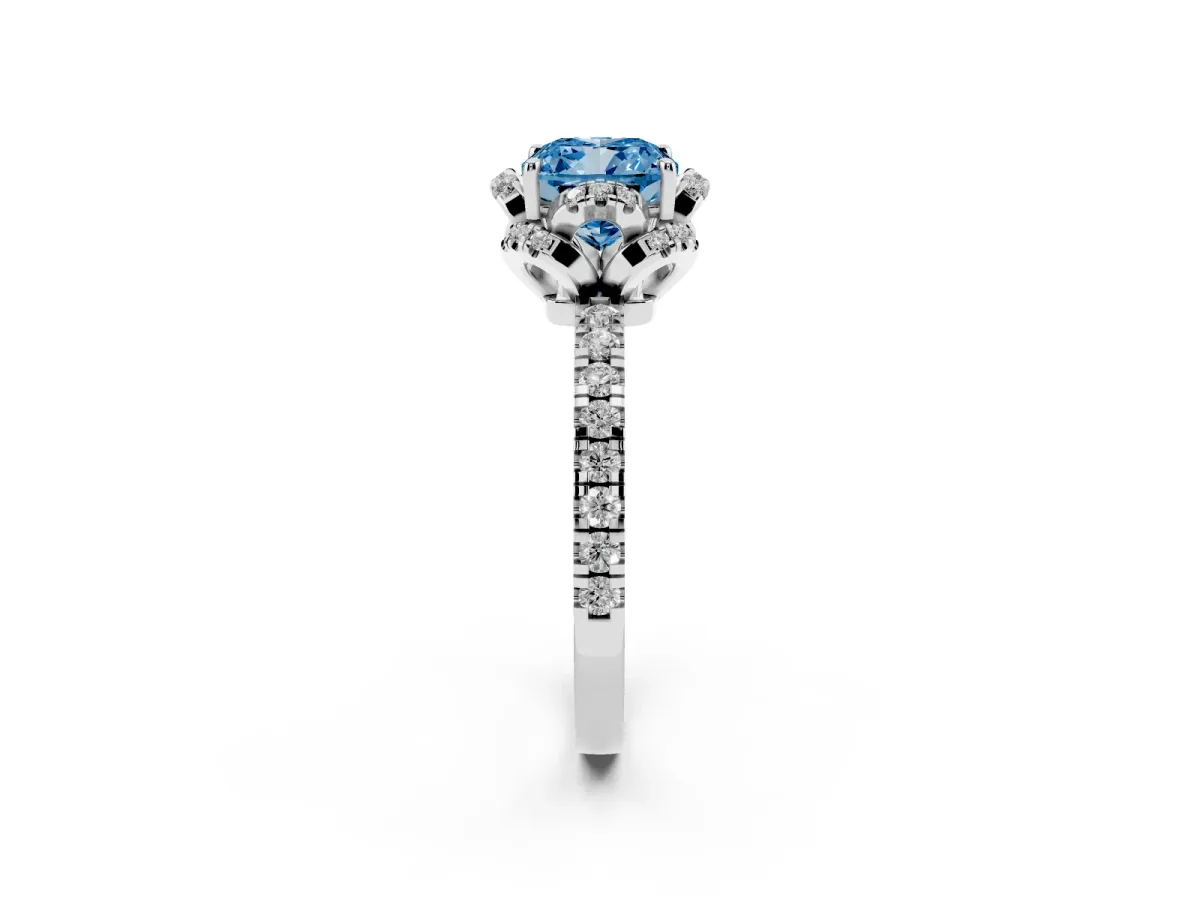 Fancy Blue Cushion Cut Diamond Halo Pave Band with Four-Prong Setting Platinum