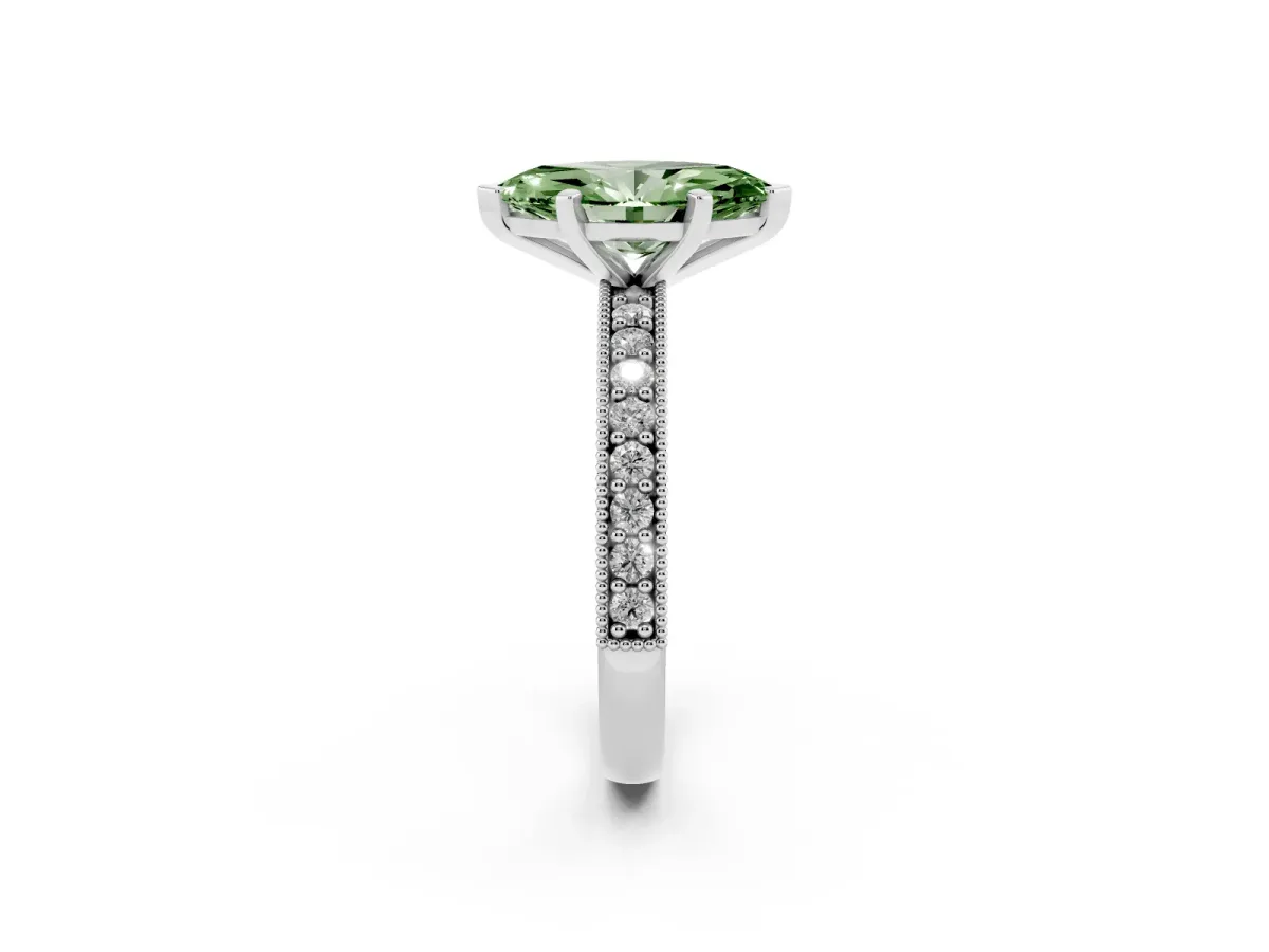 Fancy Green Marquise Cut Diamond Milgrain Pavé Engagement Ring with Four-Prong Setting Platinum