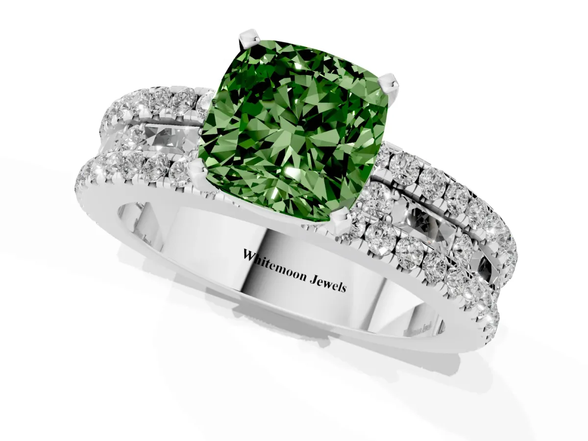 Fancy Green Cushion Cut Diamond Solitaire Ring with Pavé and Channel Set Band Platinum