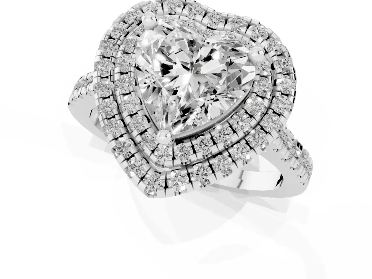 Double Halo Heart Cut Diamond Pavé Band with Four-Prong Setting Silver