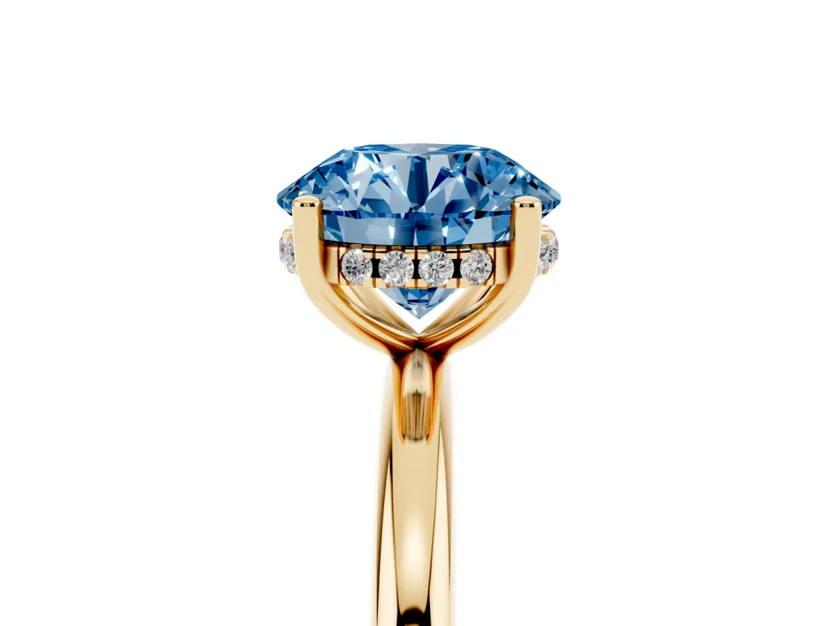 Fancy Blue Round Cut Cut Solitaire Engagement Ring with Four-Prong Setting and Classic Band Yellow gold