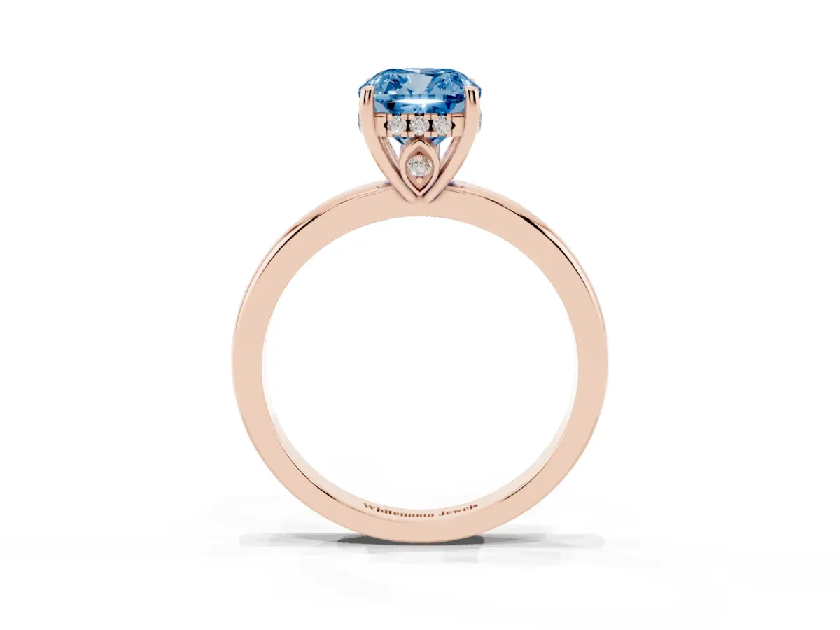 Fancy Blue Cushion Cut Solitaire Diamond Ring with Prong Setting and Plain Band Rose gold