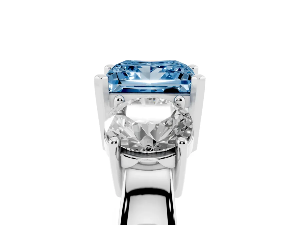 Fancy Blue Three-Stone Princess Cut Diamond Ring with Round Side Stones, Classic Band, and Four-Prong Setting White gold