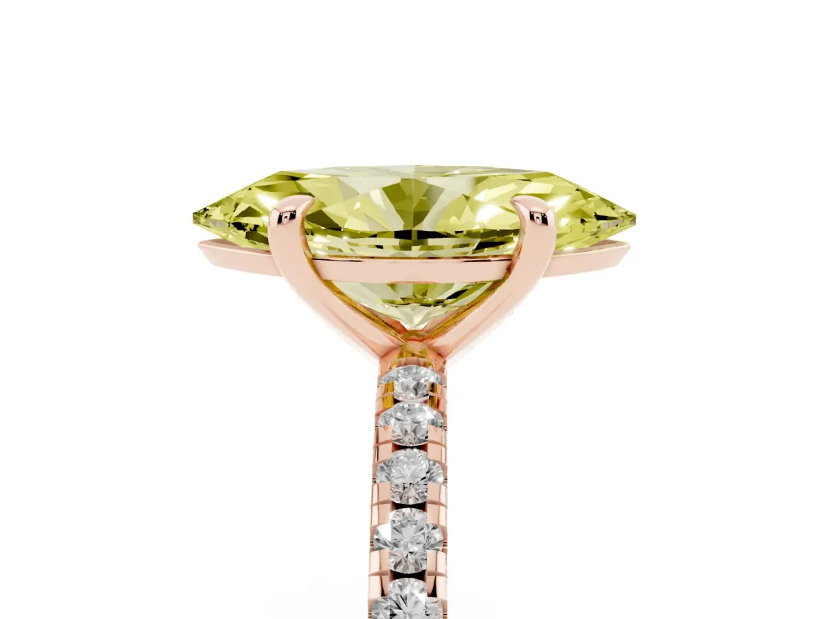 Fancy Yellow Marquise Cut Diamond Brilliant Solitaire Ring with Pavé Band and Four-Prong Setting Rose gold