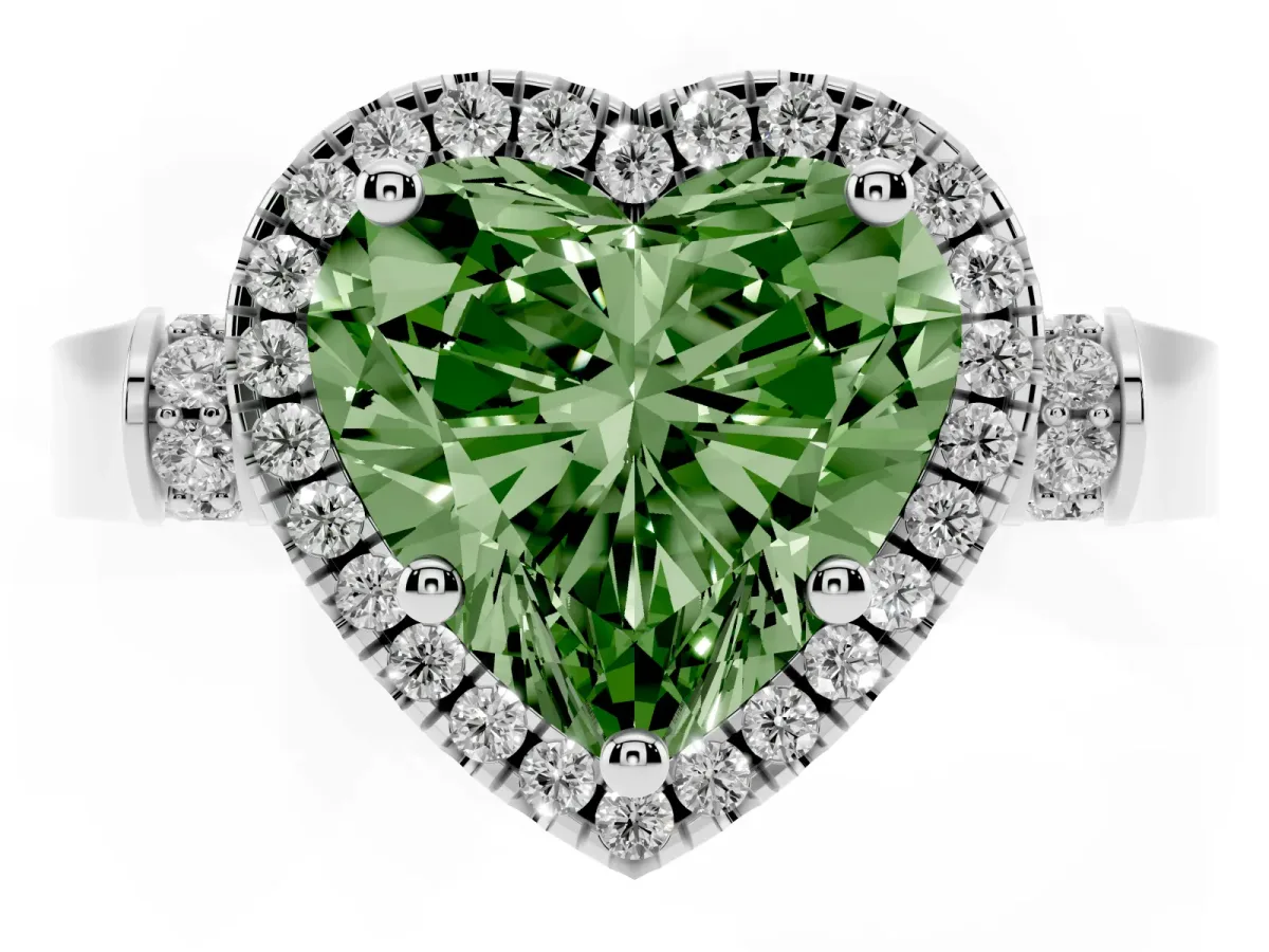 Fancy Green Heart Cut Halo Round Diamond Twist Band with Four-Prong Setting Silver