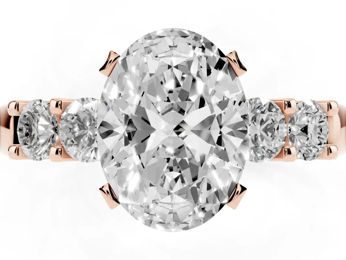 Oval Cut Brilliant Cut Diamond Five-Stone Prong Set Engagement Ring with Channel Band Rose gold