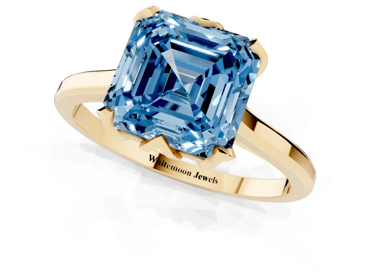 Fancy Blue Asscher Cut Diamond Solitaire Ring with Flower Prong Setting and Classic Band Yellow gold