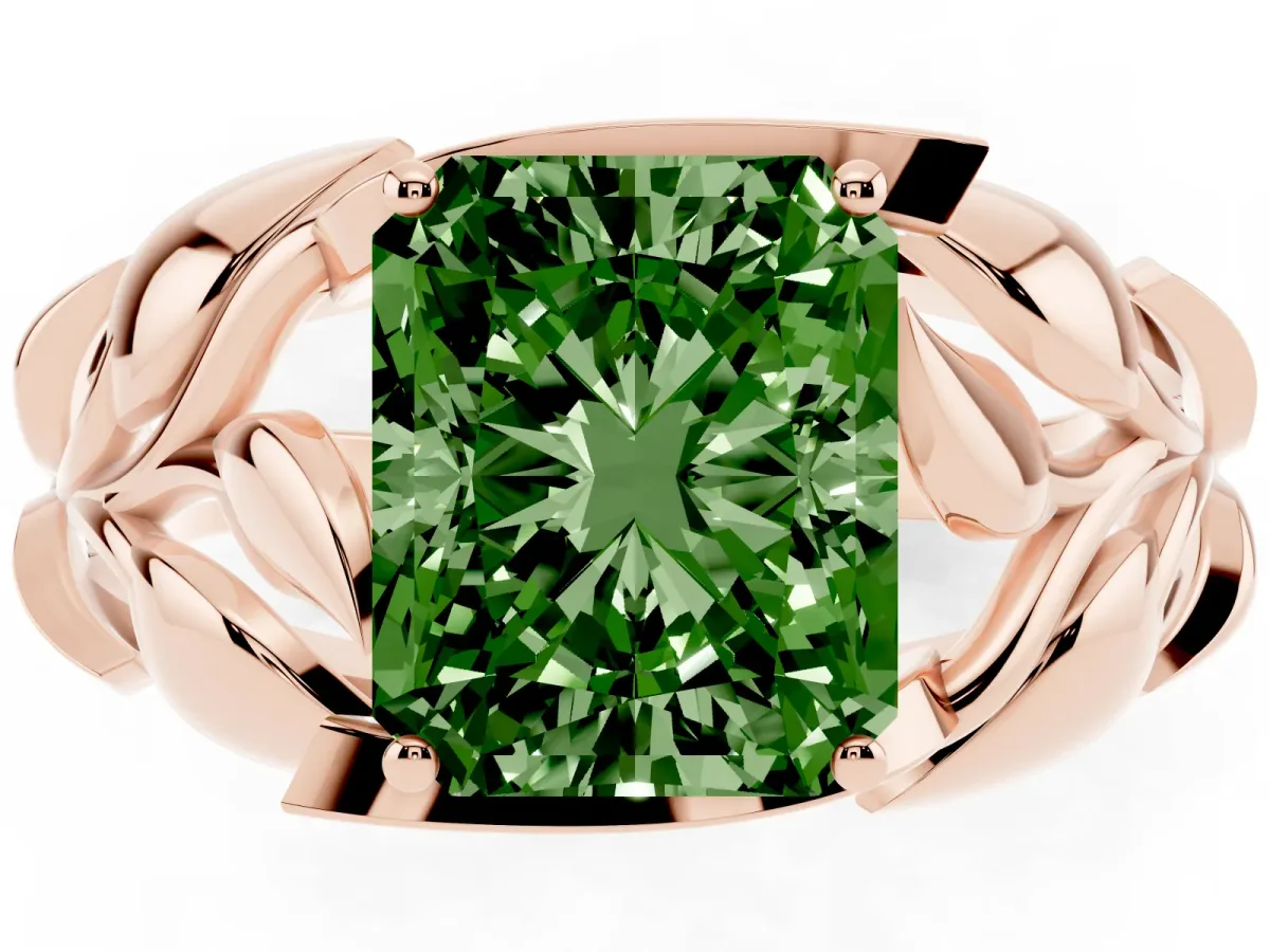 Fancy Green Radiant Cut Diamond Leaf-Inspired Engagement Ring with Round Accents and Prong Setting Rose gold
