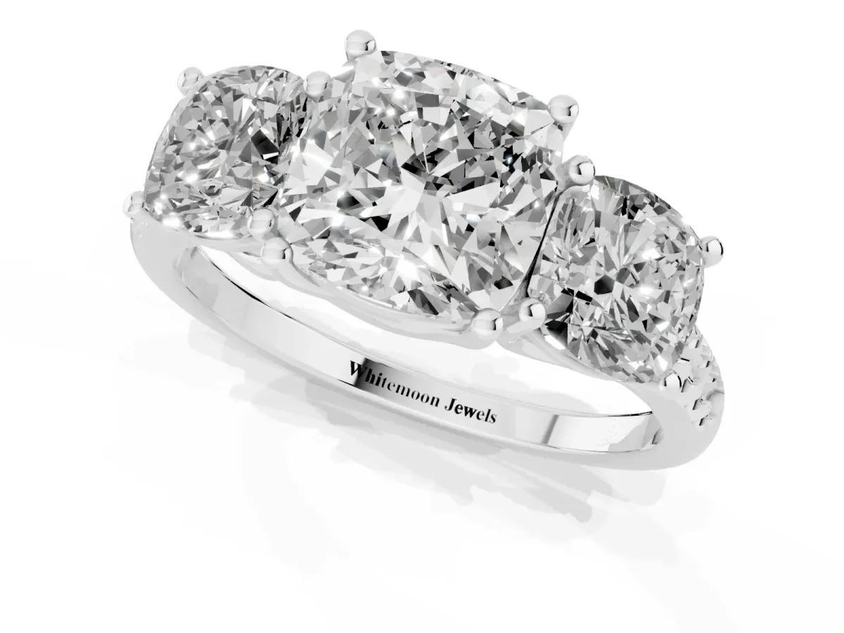 Three-Stone Cushion Cut Diamond Ring with Round Pavé Band and Prong Setting Silver