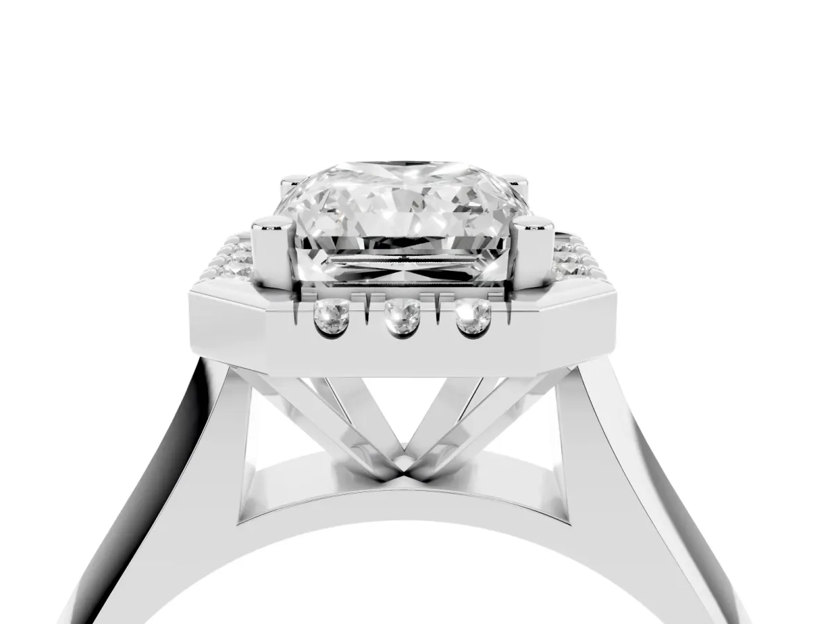 Radiant Cut Cut Halo Solitaire Engagement Ring with Square Band and Four-Prong Setting Platinum