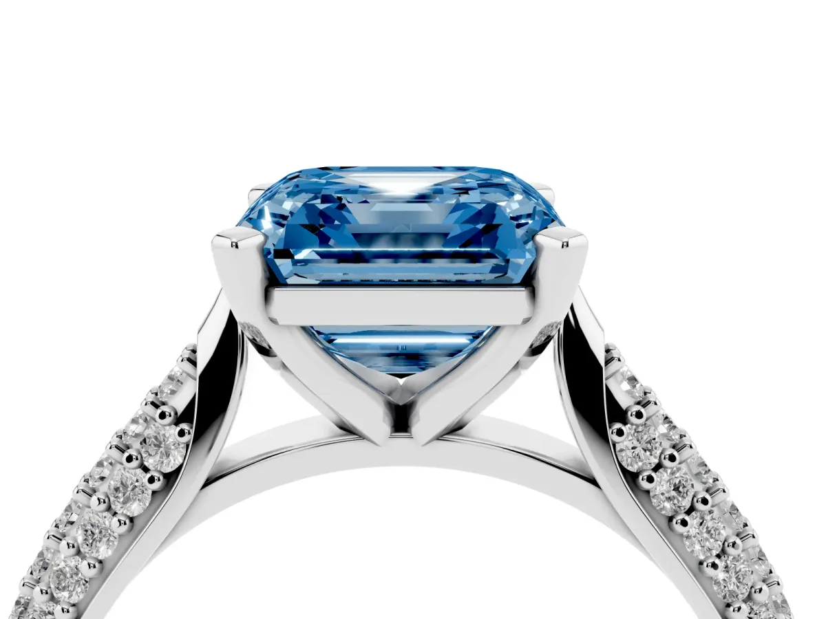 Fancy Blue Asscher Cut Diamond Solitaire Engagement Ring with Multi-Row Round Pavé Band and Prong Setting Silver
