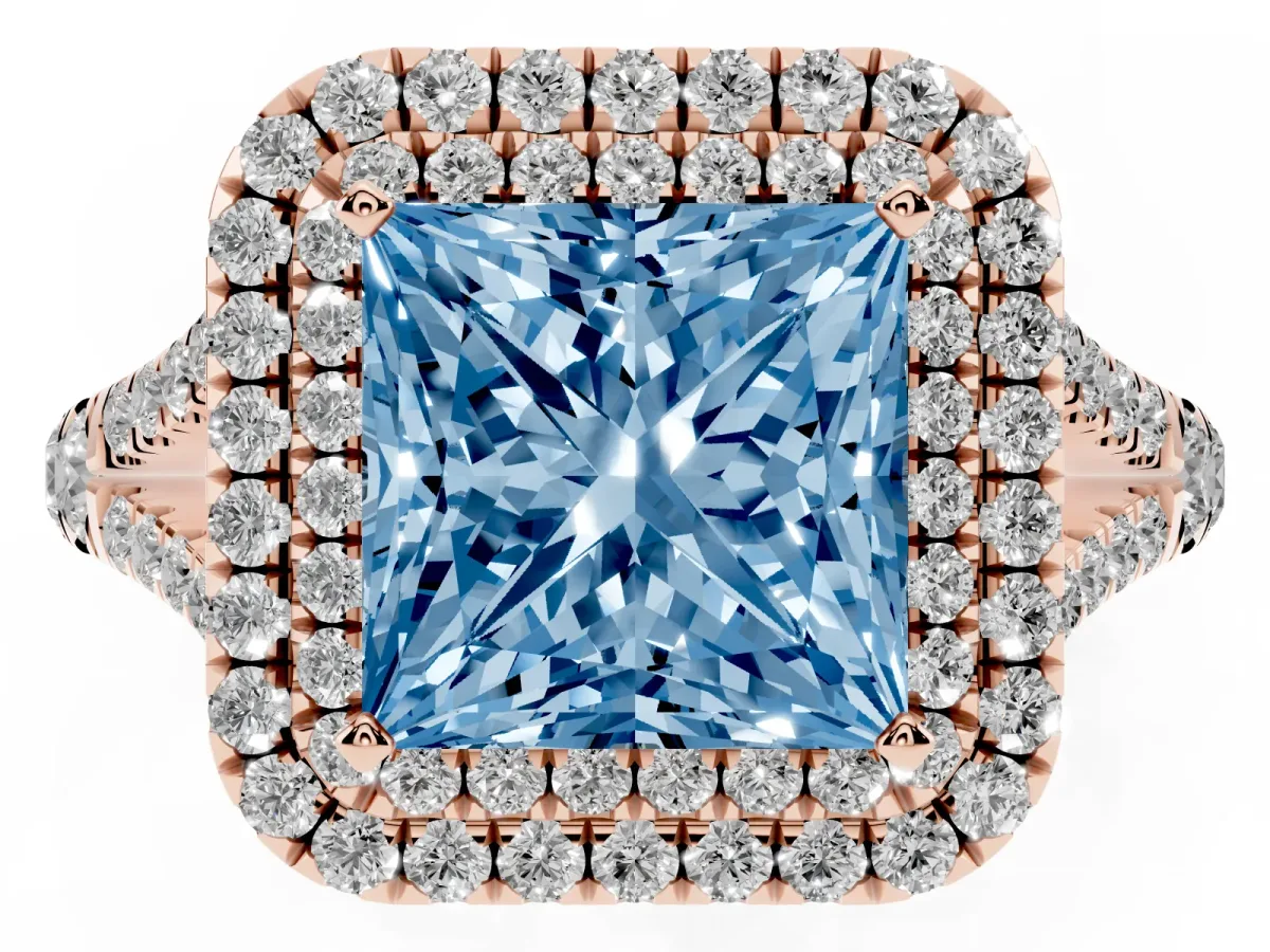 Fancy Blue Princess Cut Cut Double Halo Split Shank Diamond Ring with Prong Setting Rose gold