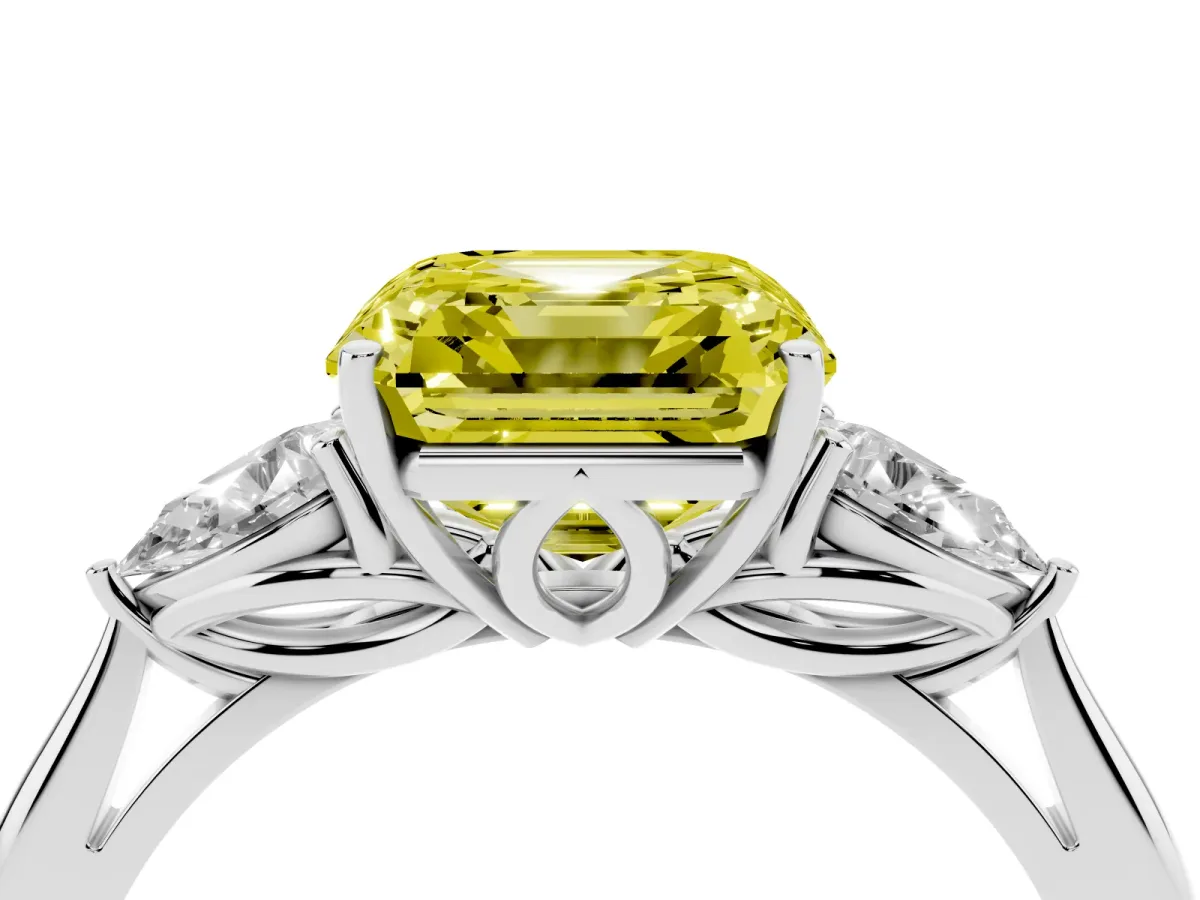 Fancy Yellow Three-Stone Asscher Cut Diamond Ring with Pear Side Stones in Four-Prong Setting Silver