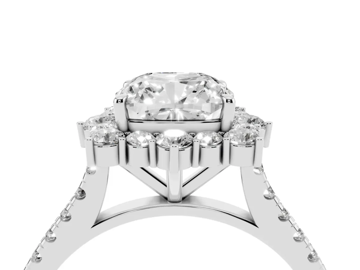 Cushion Cut Halo Diamond Ring with Pavé Band and Prong Setting Silver