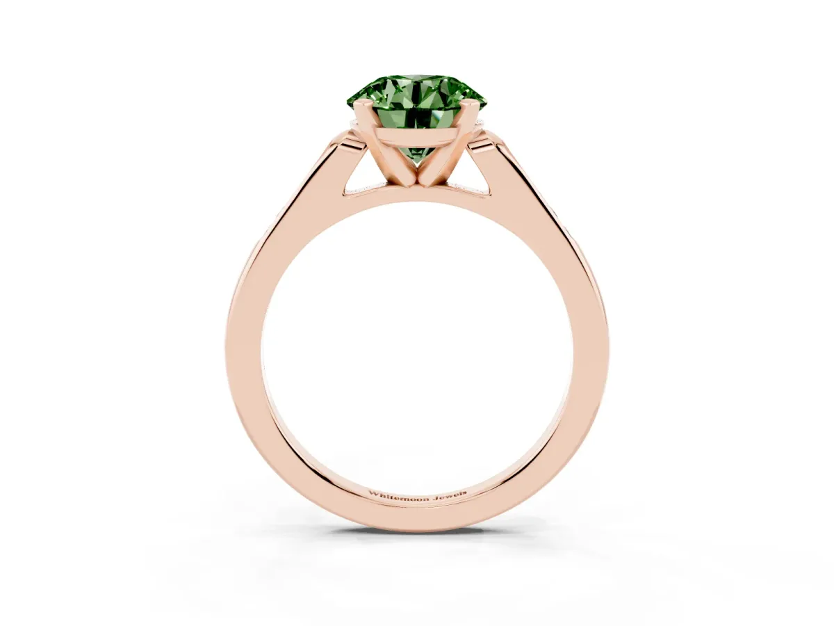 Fancy Green Round Cut Diamond Solitaire Ring with Channel Set Round Band and Prong Setting Rose gold