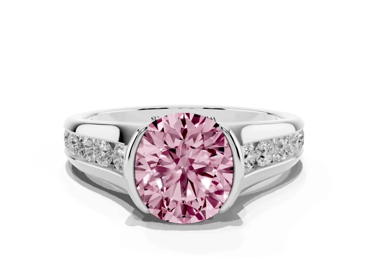 Fancy Pink Round Cut Solitaire Bezel-Set Diamond Ring with Channel-Set Band Platinum