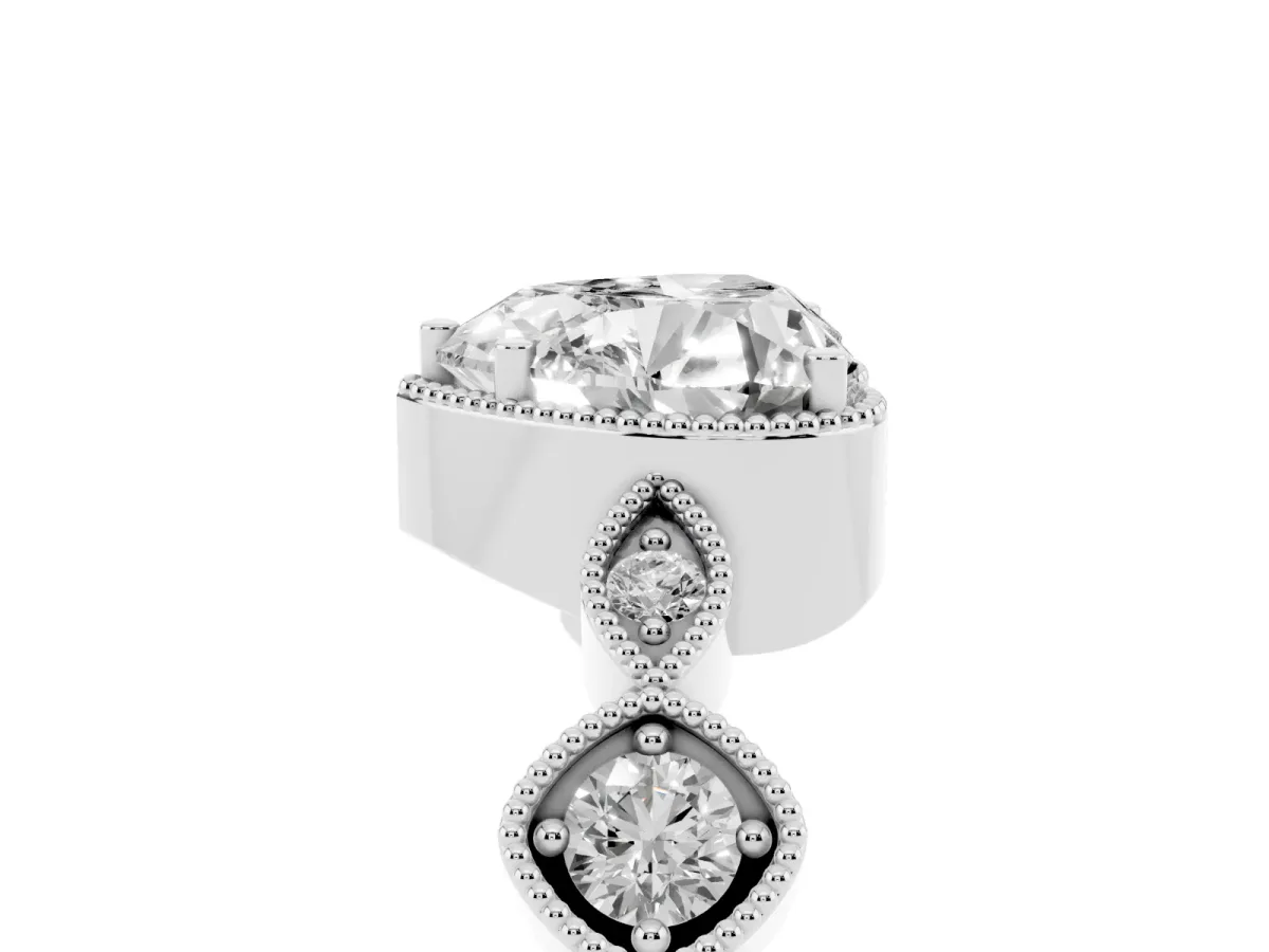 Heart Cut Diamond Vintage Milgrain Ring with Round Stations Silver