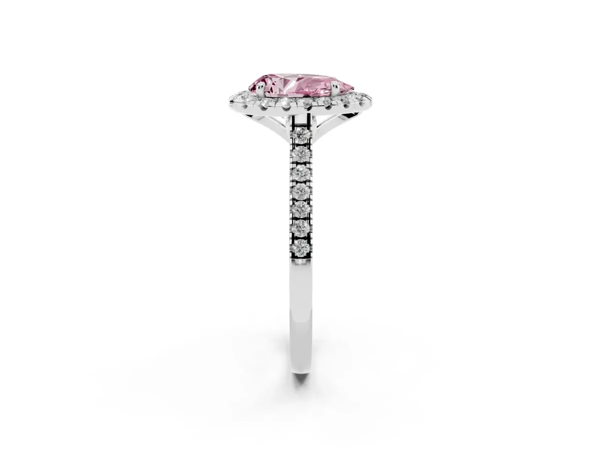 Fancy Pink Pear Cut Diamond Cushion Halo Ring with Pavé Band Platinum