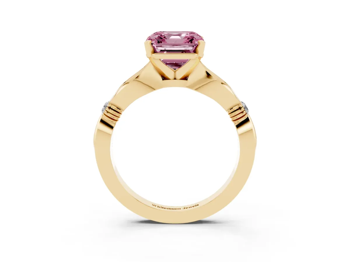 Fancy Pink Asscher Cut Solitaire Diamond Twisted Band with Four-Prong Setting Yellow gold