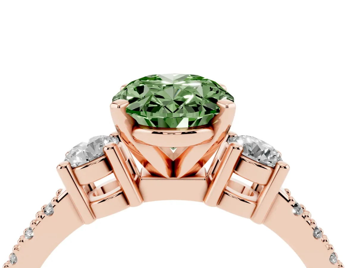 Fancy Green Oval Cut Three-Stone Diamond Pavé Band with Prong Setting Rose gold
