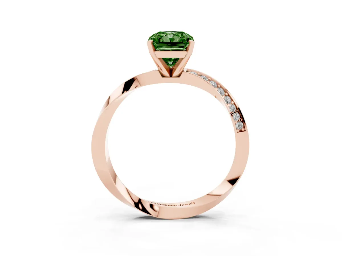 Fancy Green Radiant Cut Diamond Engagement Ring with Side Stone Accents and Four-Prong Setting Rose gold