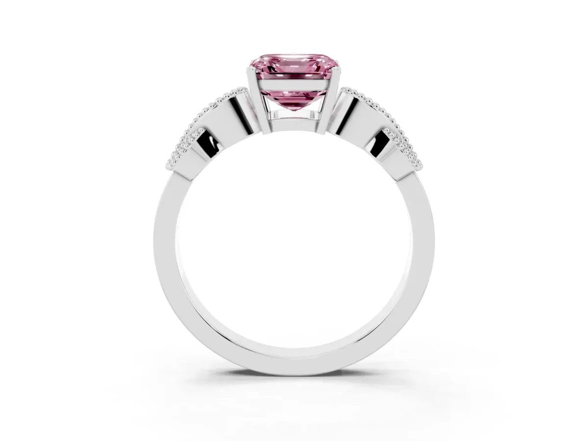 Fancy Pink Asscher Cut Solitaire Milgrain Leaf Band with Prong Setting White gold