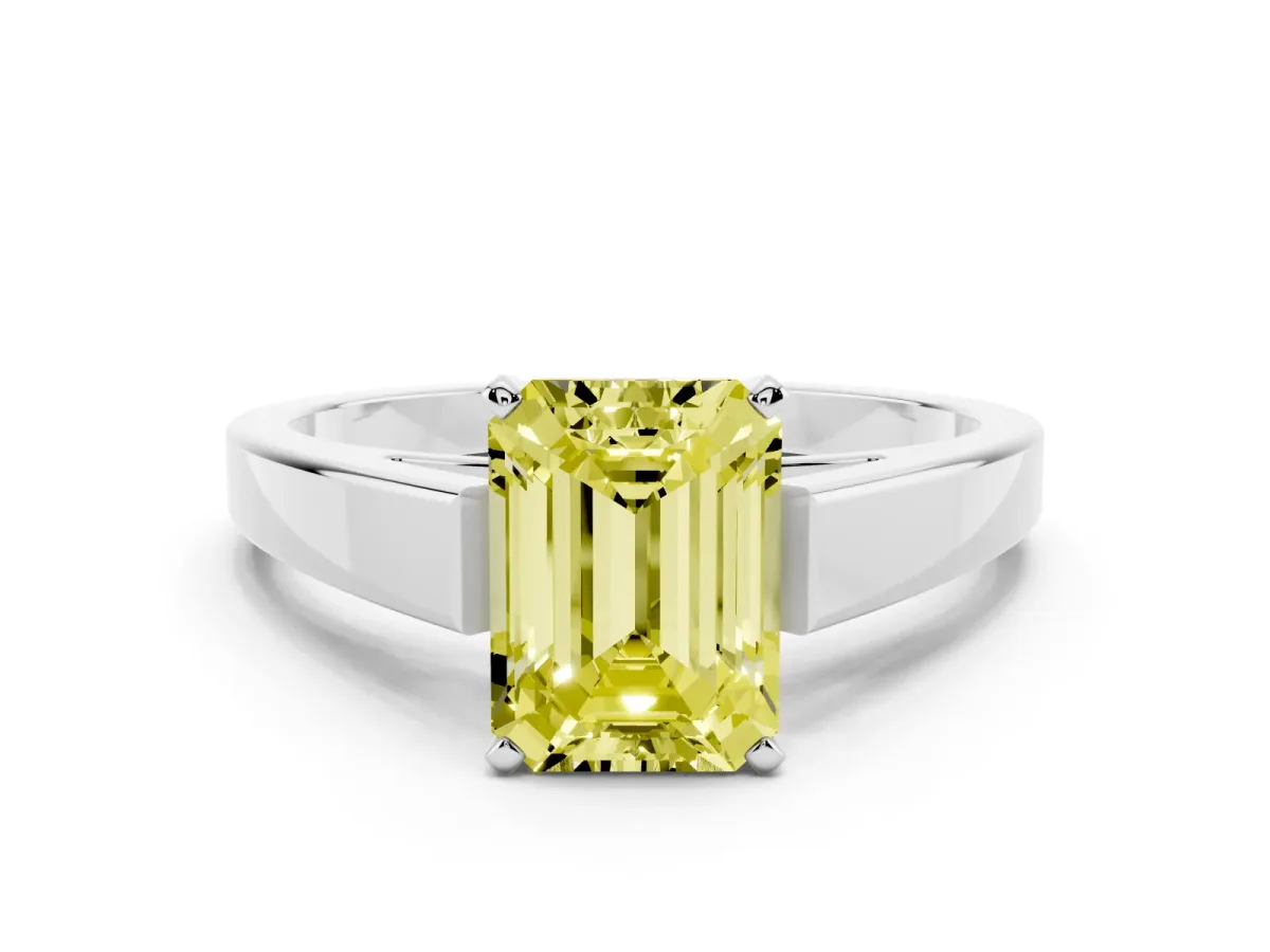 Fancy Yellow Emerald Cut Solitaire Engagement Ring with Four-Prong Setting and Tapered Band Silver