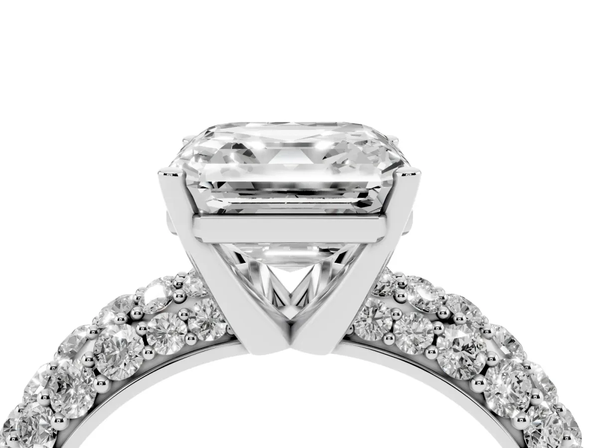 Asscher Cut Diamond Pavé Band Solitaire Ring with Four-Prong Setting Silver
