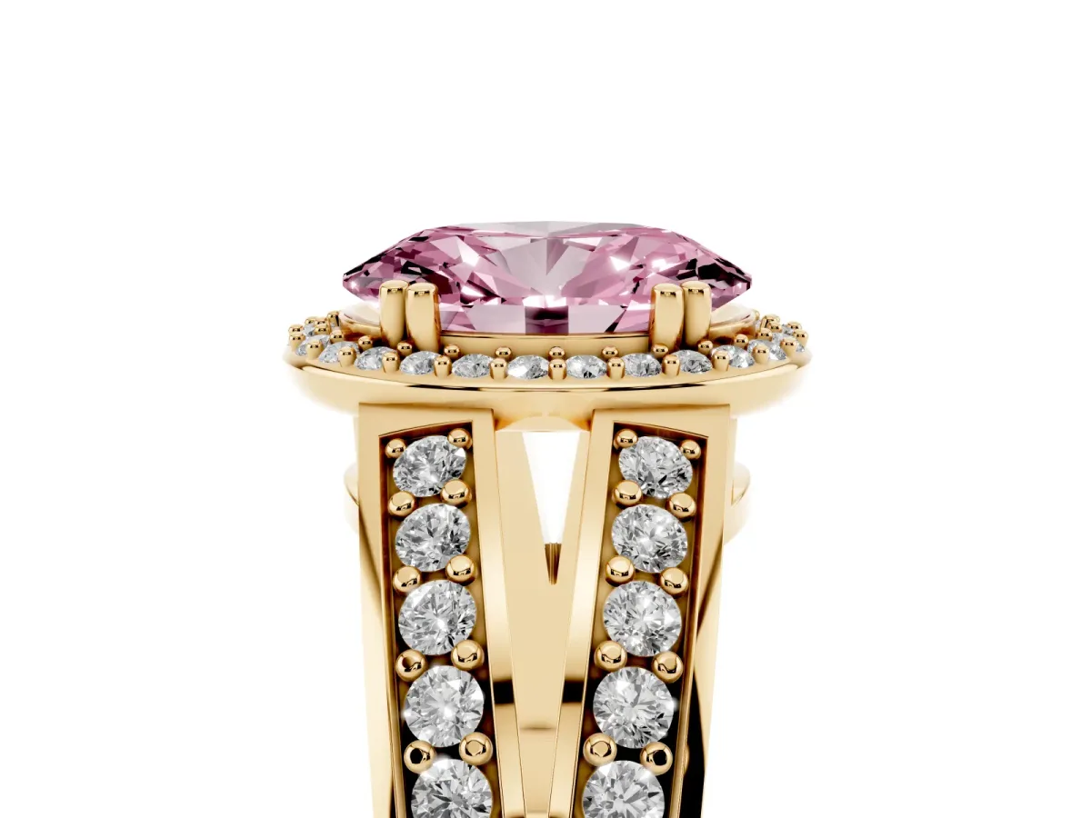 Fancy Pink Oval Cut Diamond Halo Ring with Split Shank Pavé Band and Four-Prong Setting Yellow gold