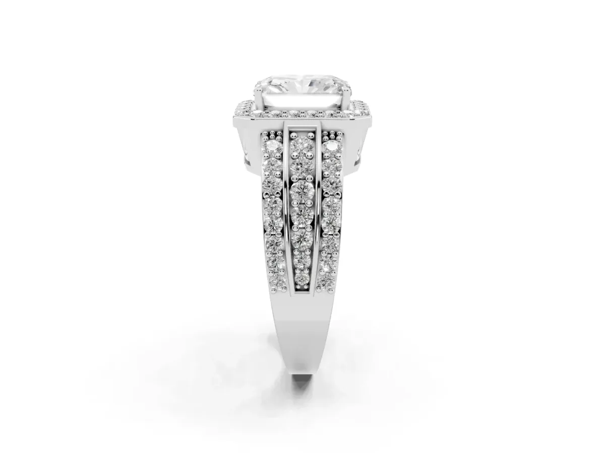 Radiant Cut Halo Diamond Ring with Round Split Shank and Prong Setting Silver