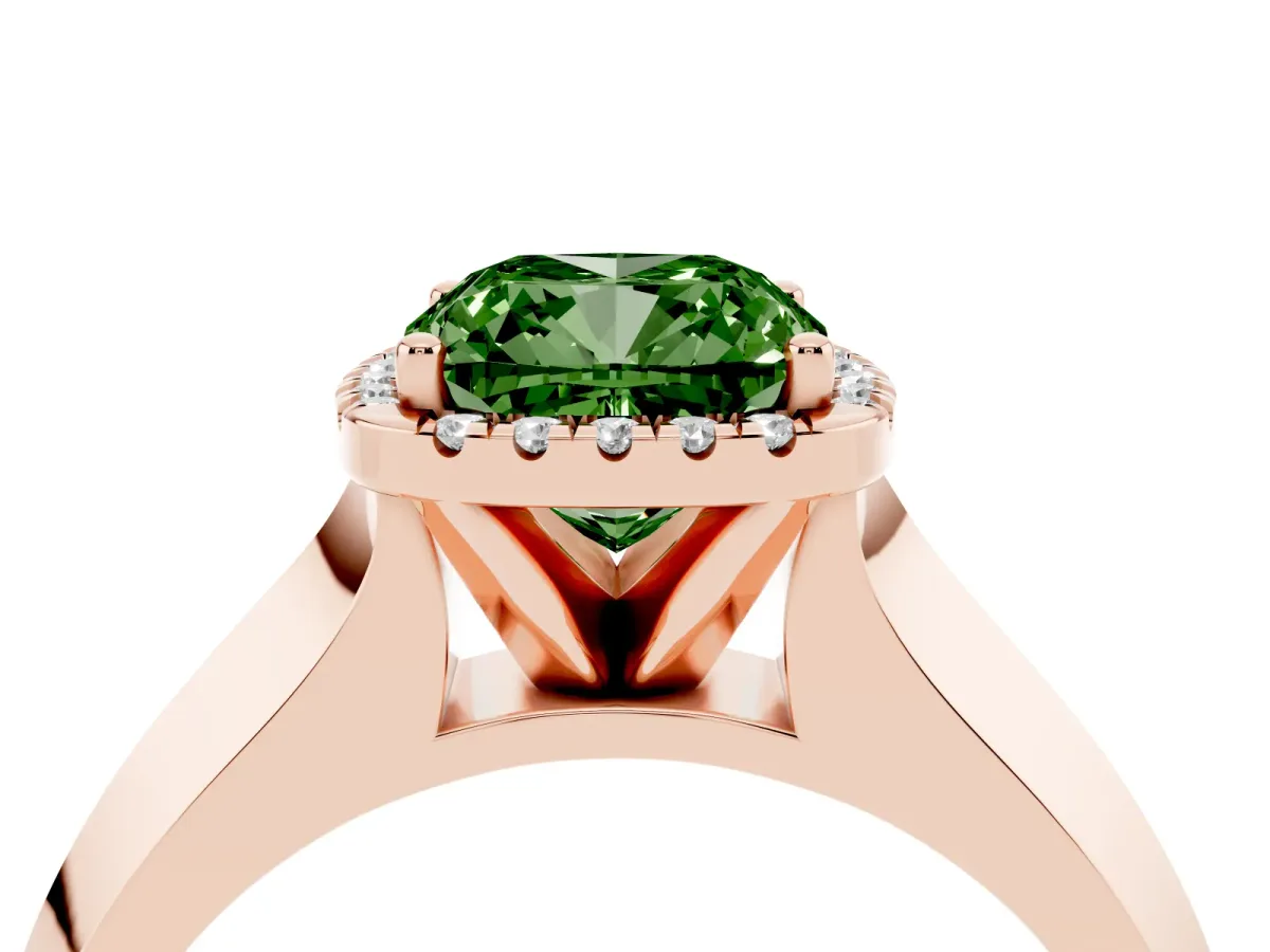 Fancy Green Cushion Cut Halo Diamond Ring with Cathedral Band and Four-Prong Setting Rose gold