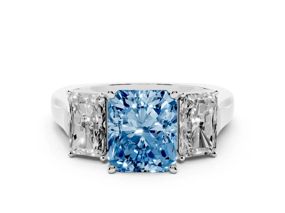 Fancy Blue Three-Stone Radiant Cut Brilliant Diamond Trellis Ring with Comfort Fit Band Platinum