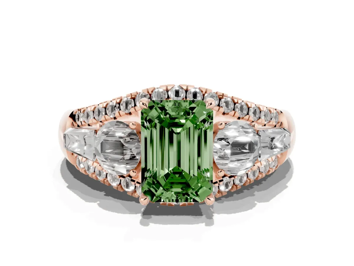 Fancy Green Three-Stone Emerald Cut Diamond Engagement Ring with Pave Band and Prong Setting Rose gold