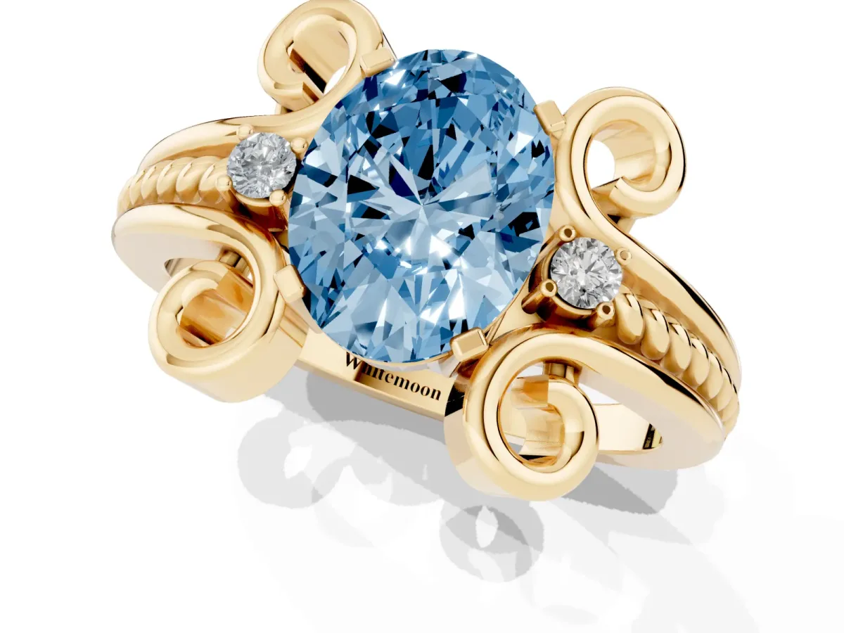 Fancy Blue Oval Cut Solitaire Twisted Band Scroll Prong Ring Yellow gold