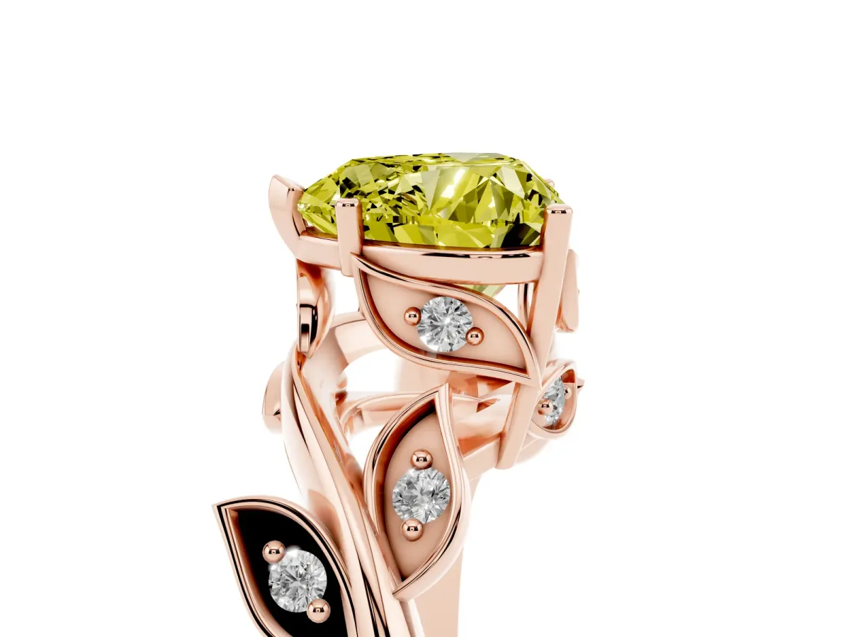 Fancy Yellow Heart Cut Solitaire Twist Engagement Ring with Leaf Accents and Prong Setting Rose gold